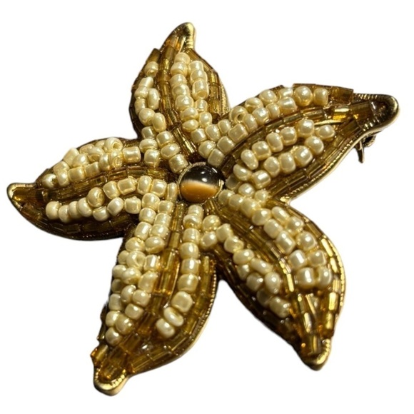 Sea Star / Starfish Brooch Gold & White Seed Beads Tiger Eye Center Stone Signed - Picture 6 of 6